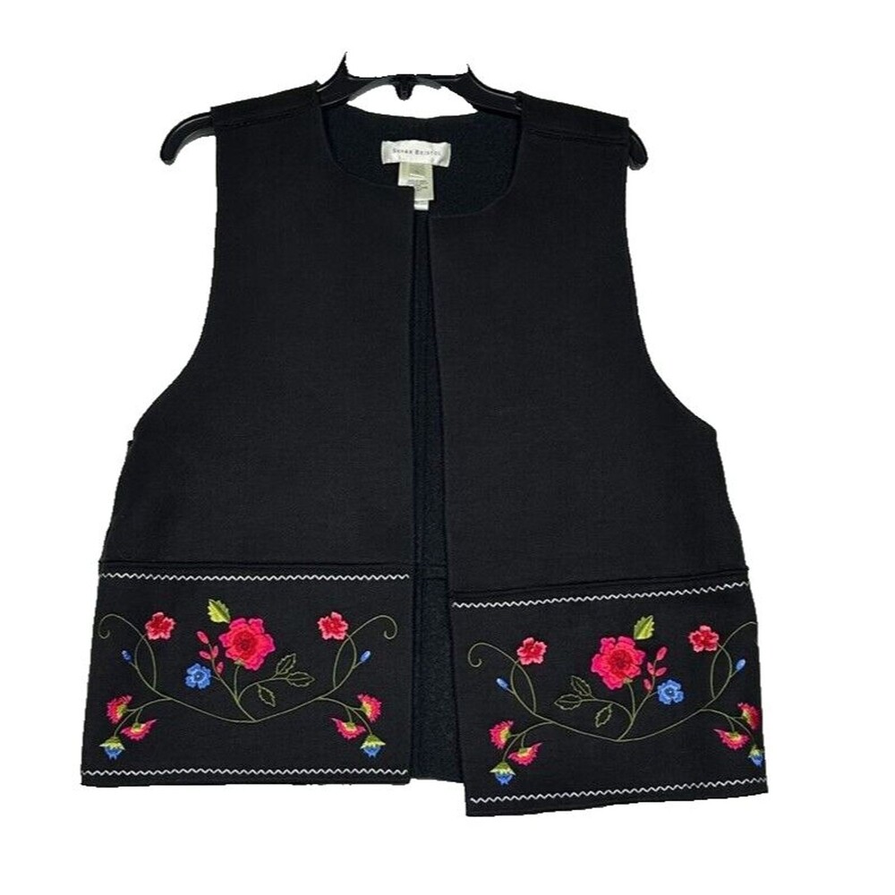Susan Bristol Vest Womens Large Black Embroidered Flowers Floral Fall Vintage